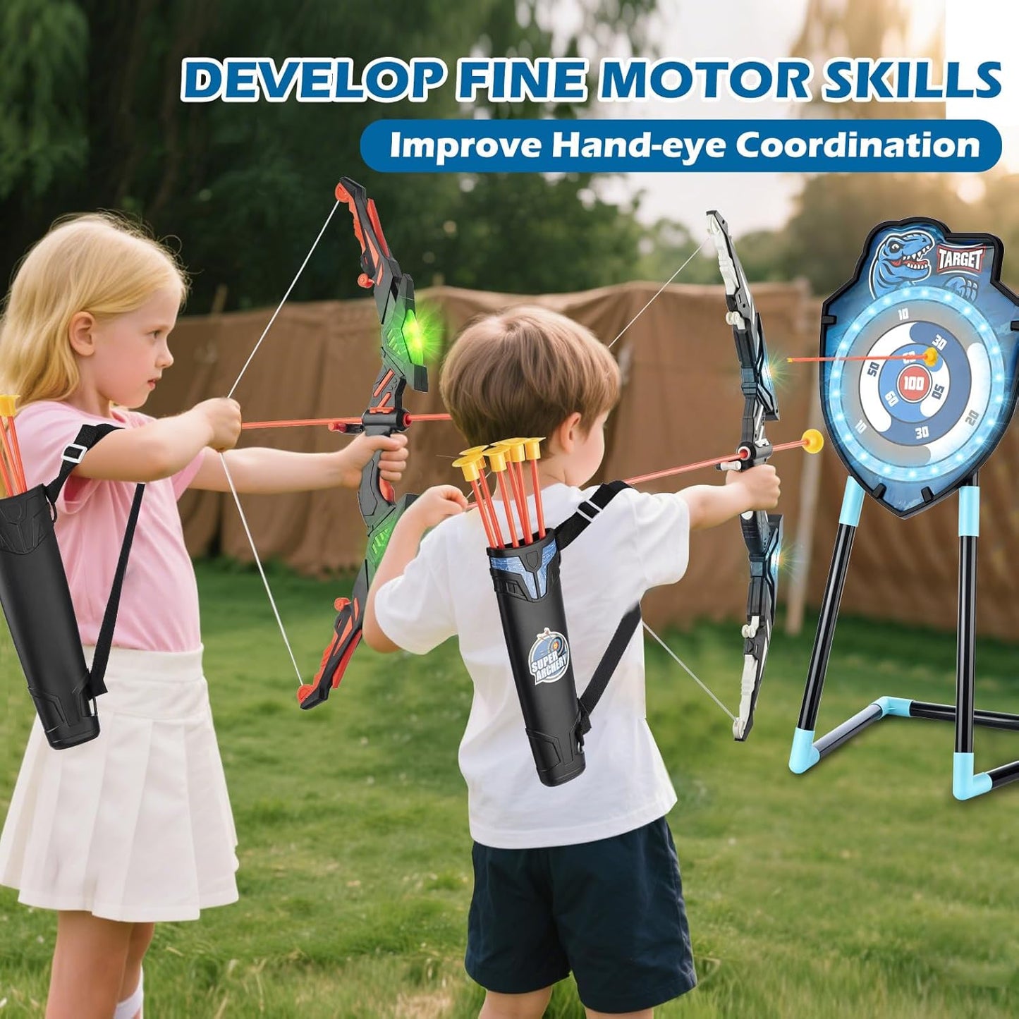 LED Target Archery Set for Kids Ages 4-12, Complete with Bow and Arrows, Outdoor Sports Gift for Boys and Girls (Blue/Green)