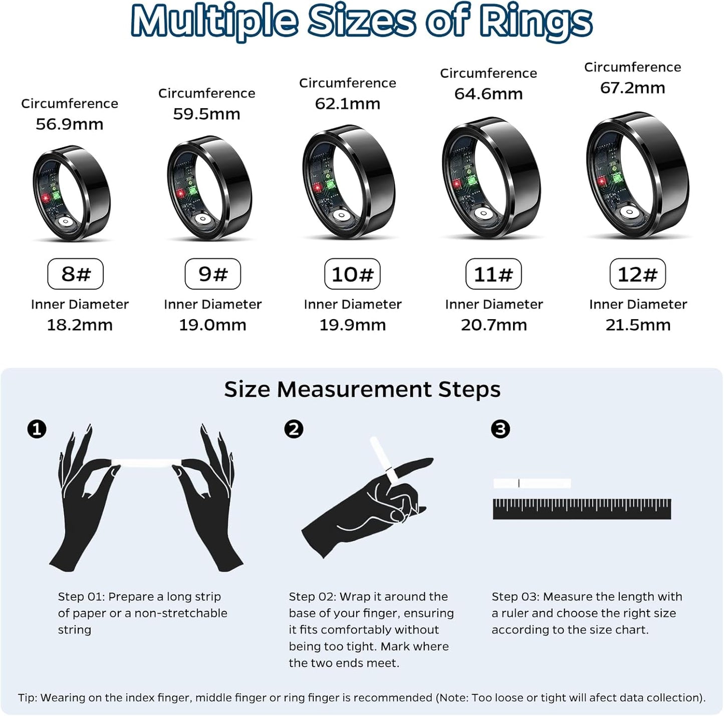 Smart Health Tracking Ring with Sleep Monitoring, Heart Rate Monitoring, Waterproof Fitness Features, Activity Tracking (Steps, Distance, Calories), Air Gesture Control, Up to 7-Day Battery Life, Compatible with iOS and Android (Black, Size #10)