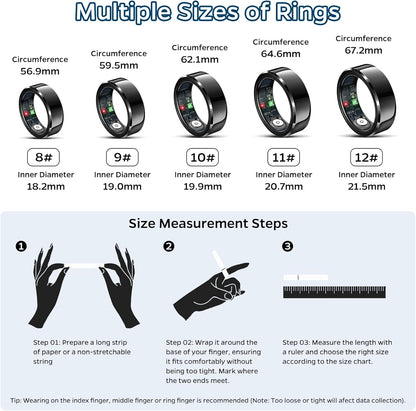 Smart Health Tracking Ring with Sleep Monitoring, Heart Rate Monitoring, Waterproof Fitness Features, Activity Tracking (Steps, Distance, Calories), Air Gesture Control, Up to 7-Day Battery Life, Compatible with iOS and Android (Black, Size #10)